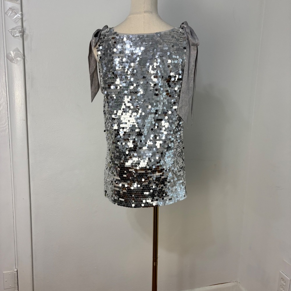 AURA Silver Sequin Tank Top Disco Glam Bow-Tie Shoulder Festival Concert Women M - Picture 2 of 10